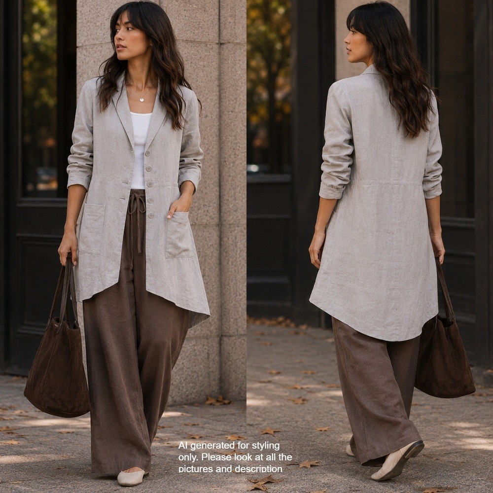 Poetry Lagenlook Women Beige 100% Linen Longline Tunic Blazer Jacket Size US 6